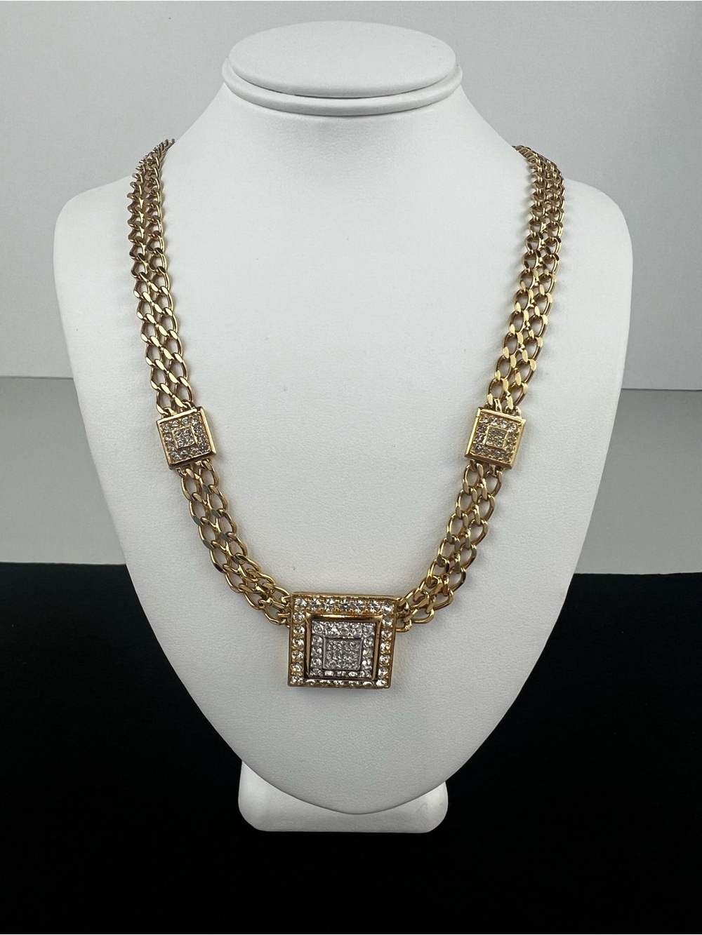 VTG Nina Ricci Gold Double Curb Chain Iced Rhinestone Geometric Choker 16"